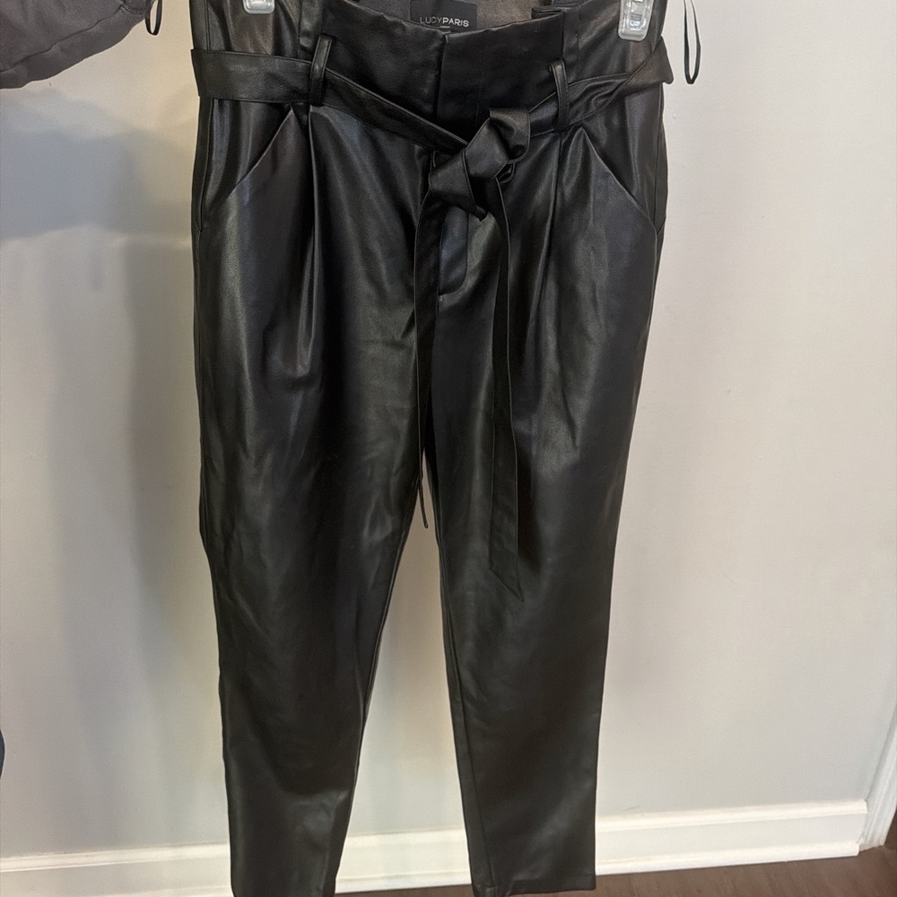 Lucy Paris Black Faux Leather Paperbag Ankle Pants